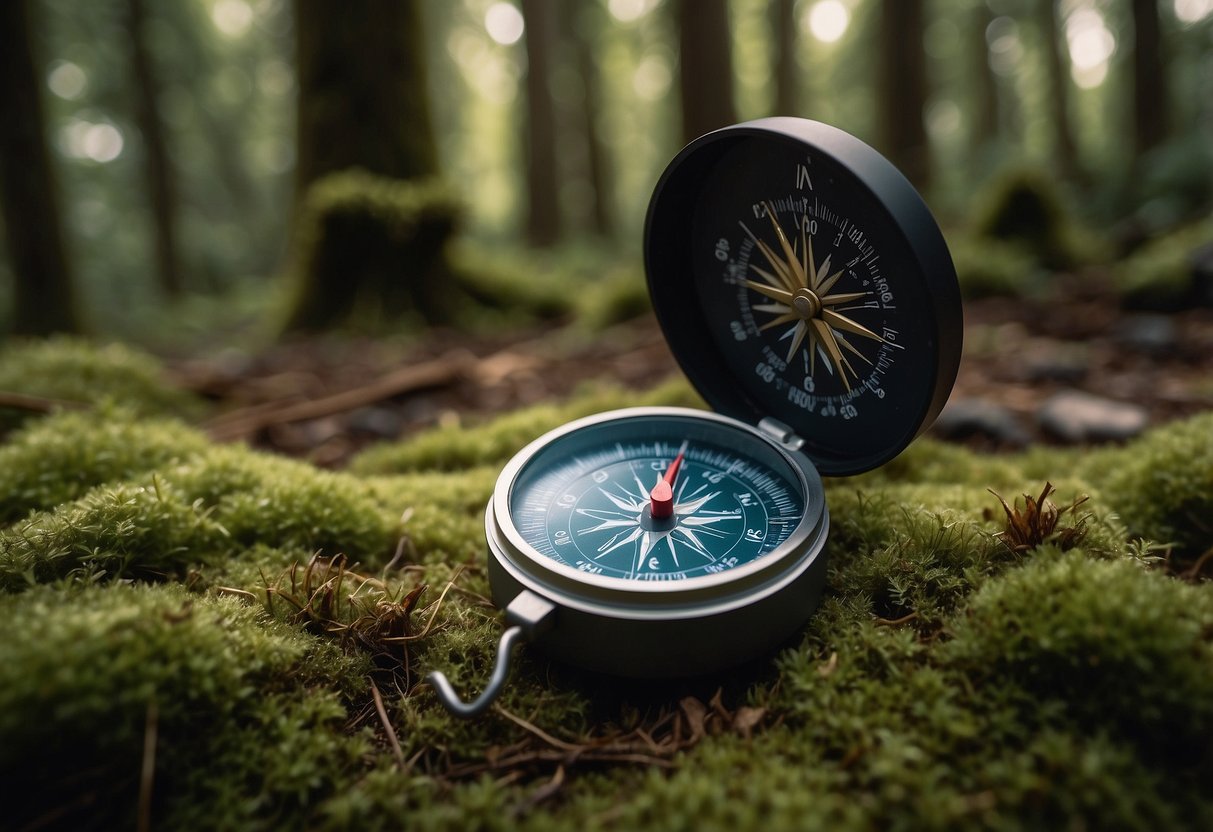 A compass and map laid out on a mossy forest floor, surrounded by tall trees and dappled sunlight. A dark storm cloud looms in the distance, emphasizing the importance of weather awareness in orienteering