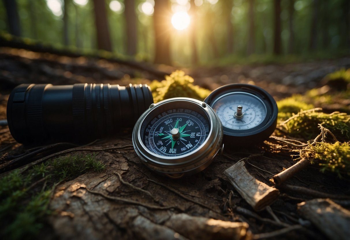 A compass, map, and flashlight lay on a forest floor. A backpack with emergency supplies sits nearby. The sun sets behind tall trees