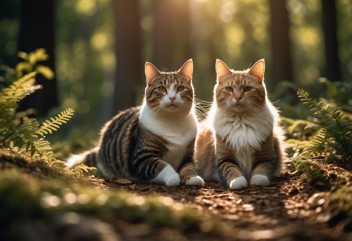 A dog and a cat follow their owner through a forest, using a map and compass. They navigate through trees and bushes, sniffing the ground for clues. The sun shines through the leaves, casting dappled light on the ground