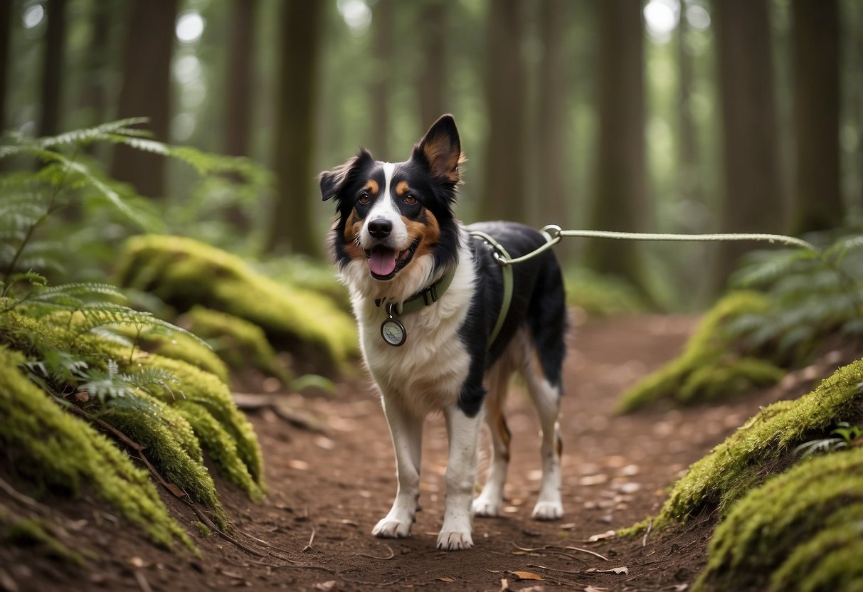 A dog with a leash attached to its collar walks alongside a hiker on a woodland trail, passing by a sign that reads "Pet-friendly trail." The hiker holds a map and compass, while the dog eagerly sniffs the ground