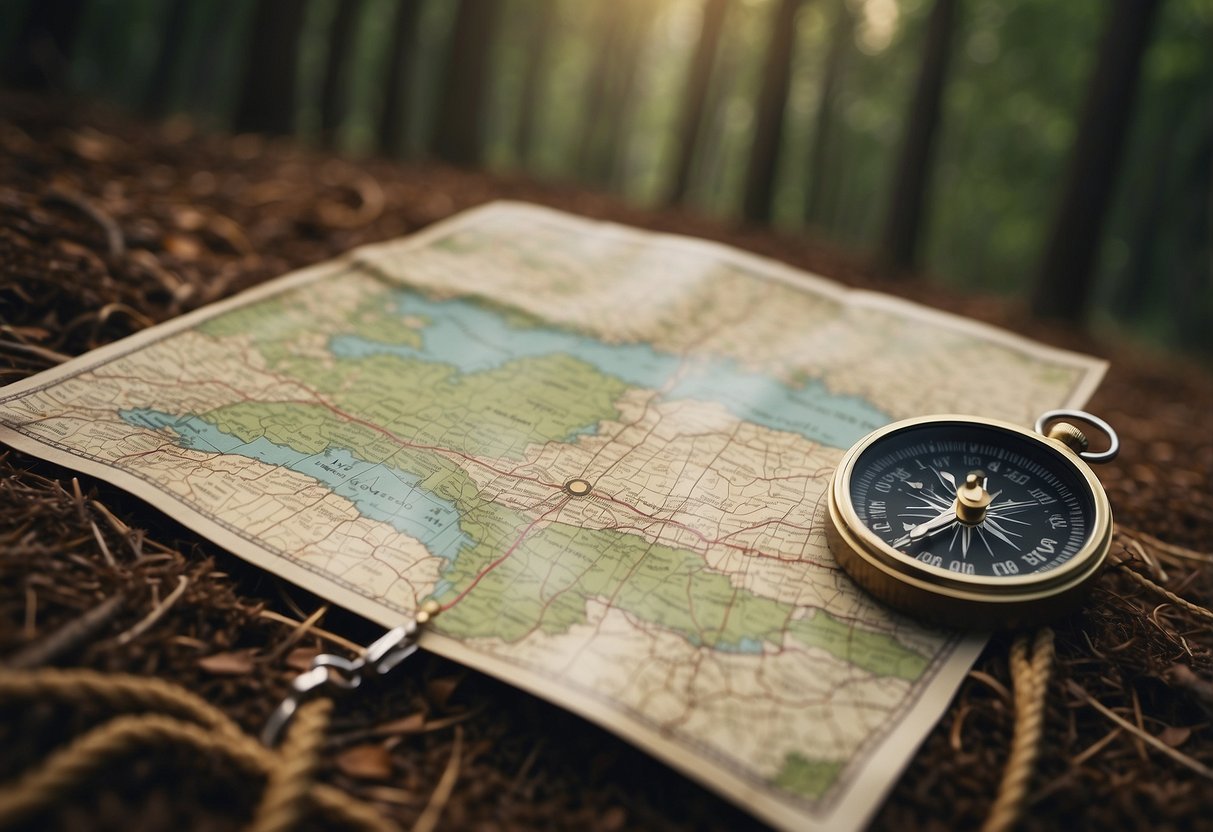 A detailed map and compass lay on the ground, surrounded by paw prints and a leash. Trees and hills are visible in the background