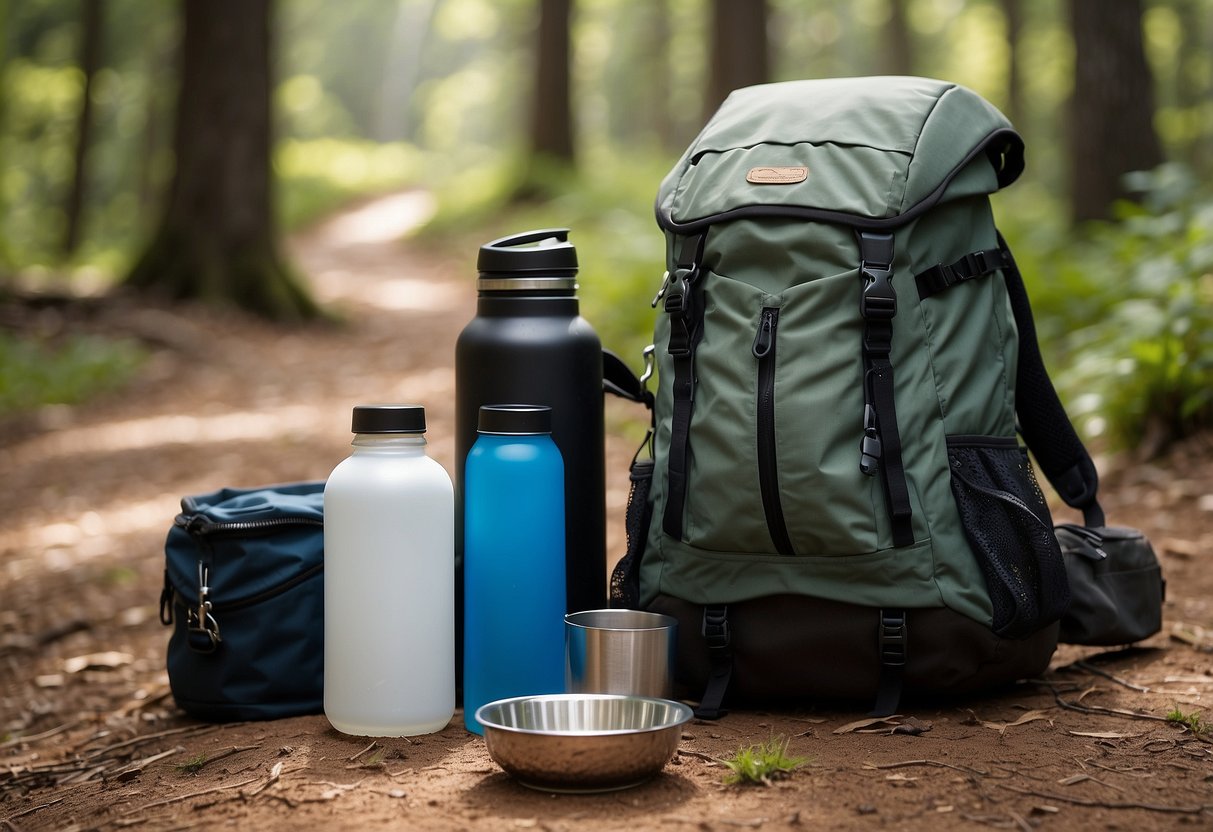 Two backpacks with water bottles, a leash, and a pet bowl laid out on the ground for a hiking trip