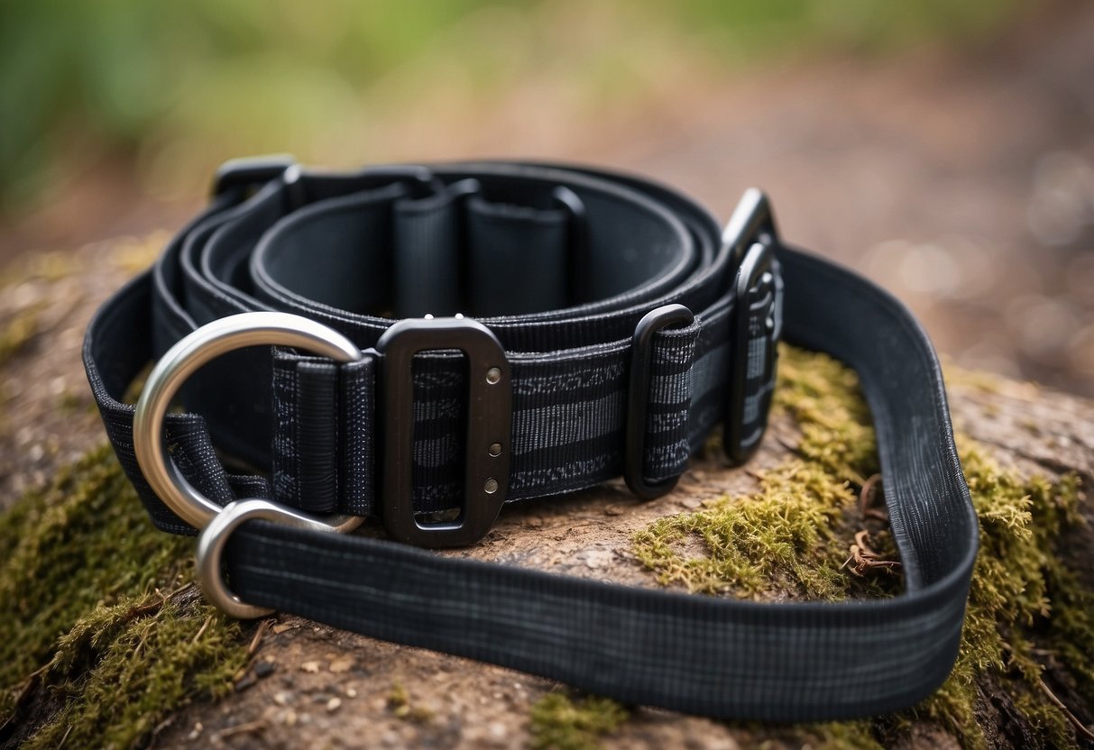 A sturdy harness and leash lay on the ground, ready for use in orienteering with pets