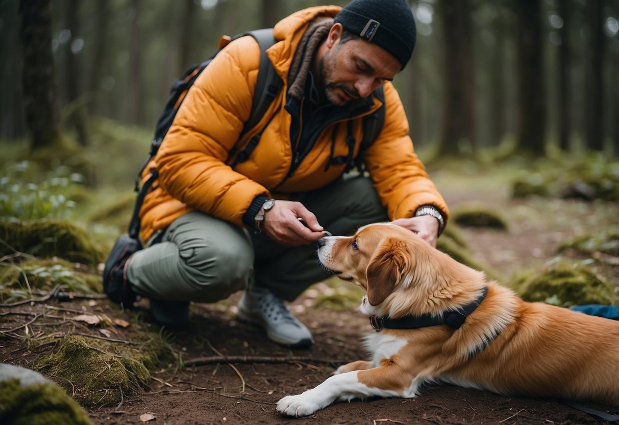 A pet owner administers first aid to their injured pet while orienteering in the wilderness