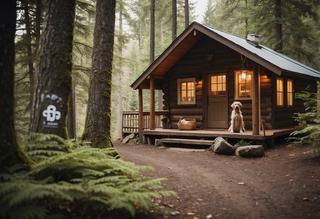 A cozy cabin with a "pet-friendly" sign, surrounded by trees and a trail map for orienteering with pets