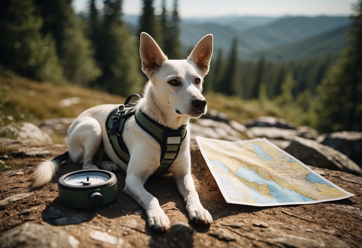 A dog wearing a harness and leash stands next to a map and compass. A first aid kit and water bottle are nearby. Trees and trails surround the scene