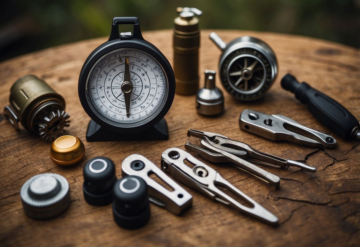 A table displaying 5 multi-tools with compasses, maps, and various tools. Surrounding environment suggests outdoor adventure