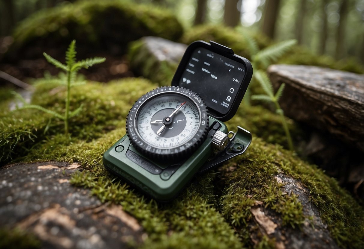 A Leatherman Wave+ multi-tool sits atop a mossy rock in a dense forest. Surrounding it are a compass, map, and a pair of hiking boots, all essential for orienteering