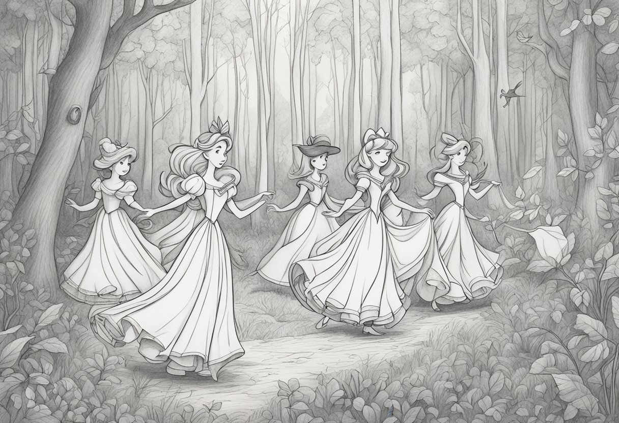 Colorful Disney characters dancing in a magical forest clearing