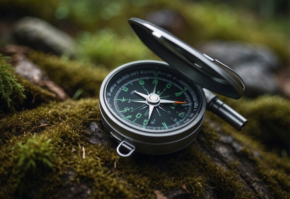 A compass, map, and multitool lay on a moss-covered rock in a dense forest. The Gerber Center-Drive multitool stands out with its sleek design and multiple functions