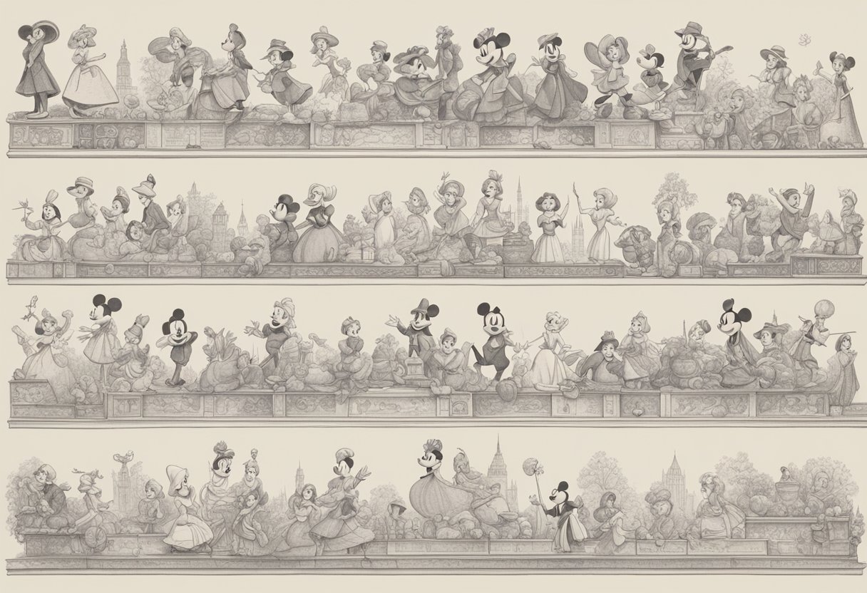 A collection of iconic Disney characters, from Mickey Mouse to Elsa, displayed on a timeline, showcasing the evolution of Disney drawings