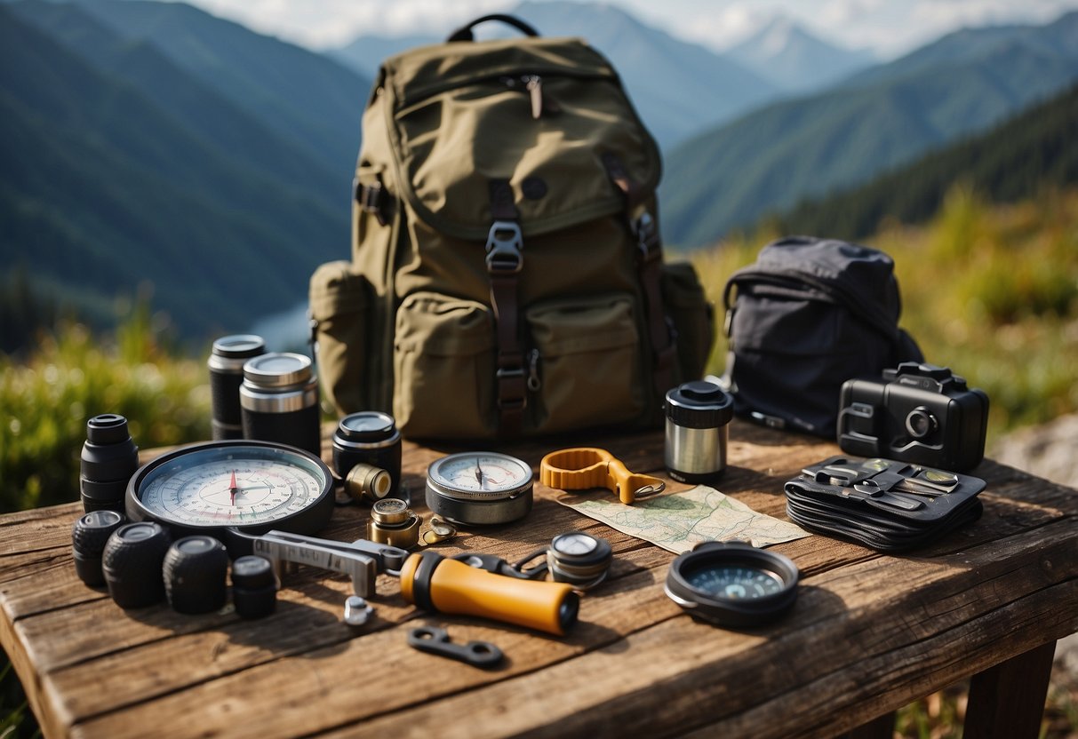 A table displaying various multi-tools, compasses, and maps. A backpack and hiking boots are nearby. Outdoor scenery in the background