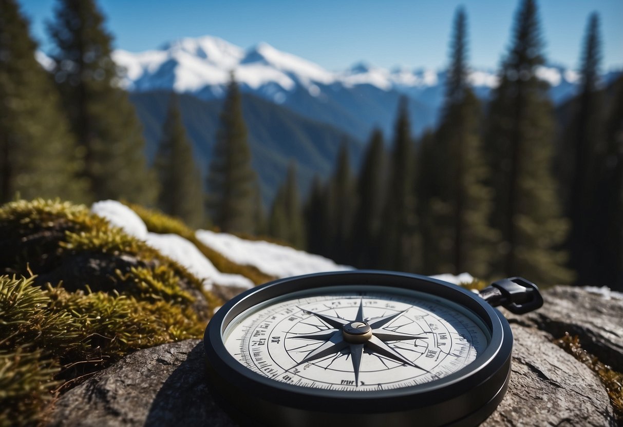 A snowy forest with marked trails, a compass, and map. Snow-capped mountains in the distance, clear blue sky, and a tranquil atmosphere