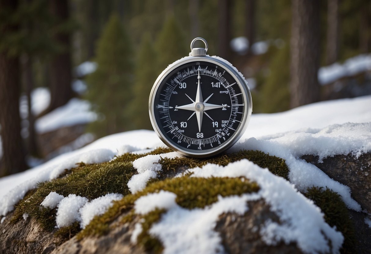 Snow-covered mountains, winding trails through pine forests, and markers for orienteering. A map and compass lie on a rock