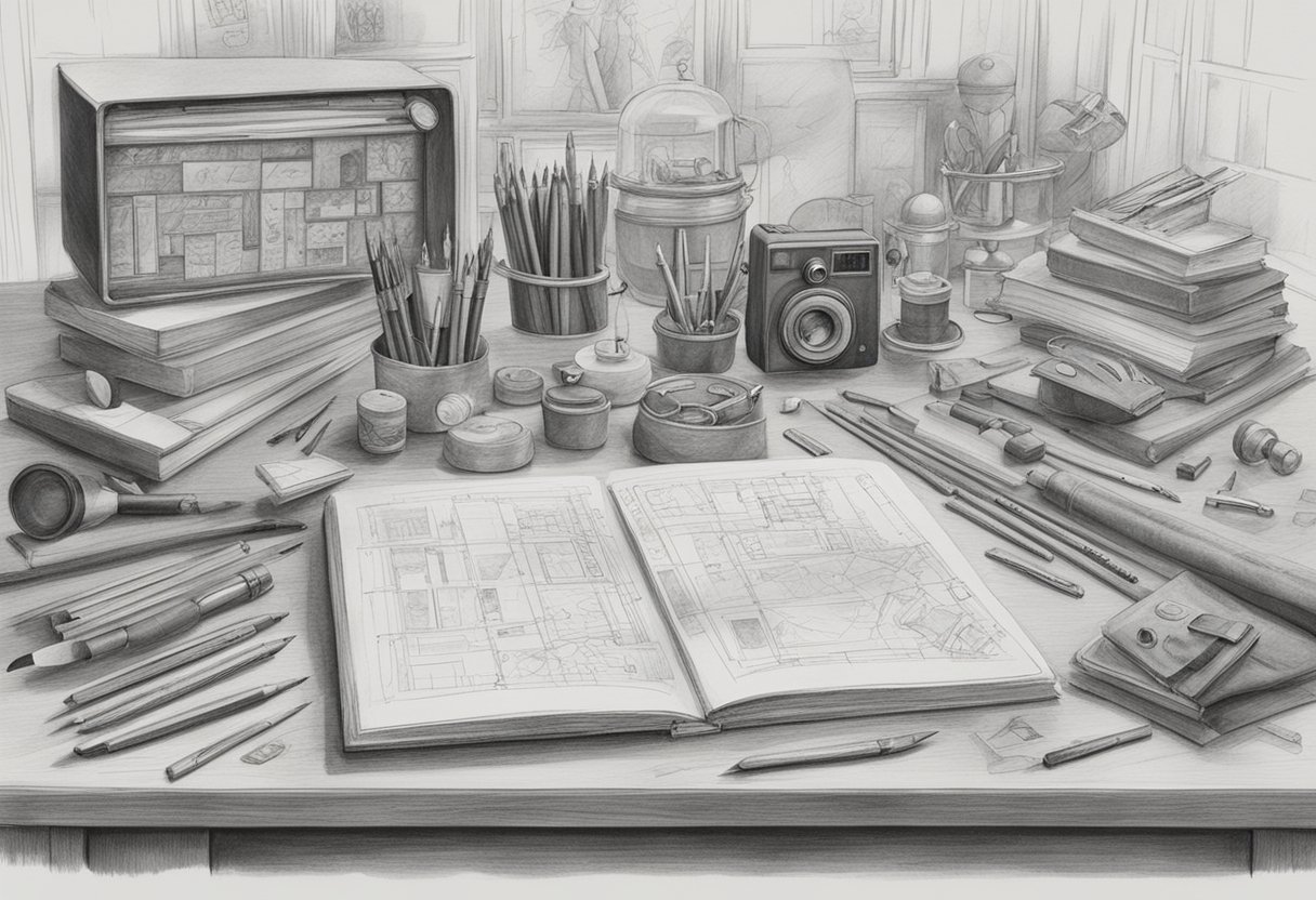 A table with various drawing tools and techniques laid out, surrounded by Disney character sketches and reference images