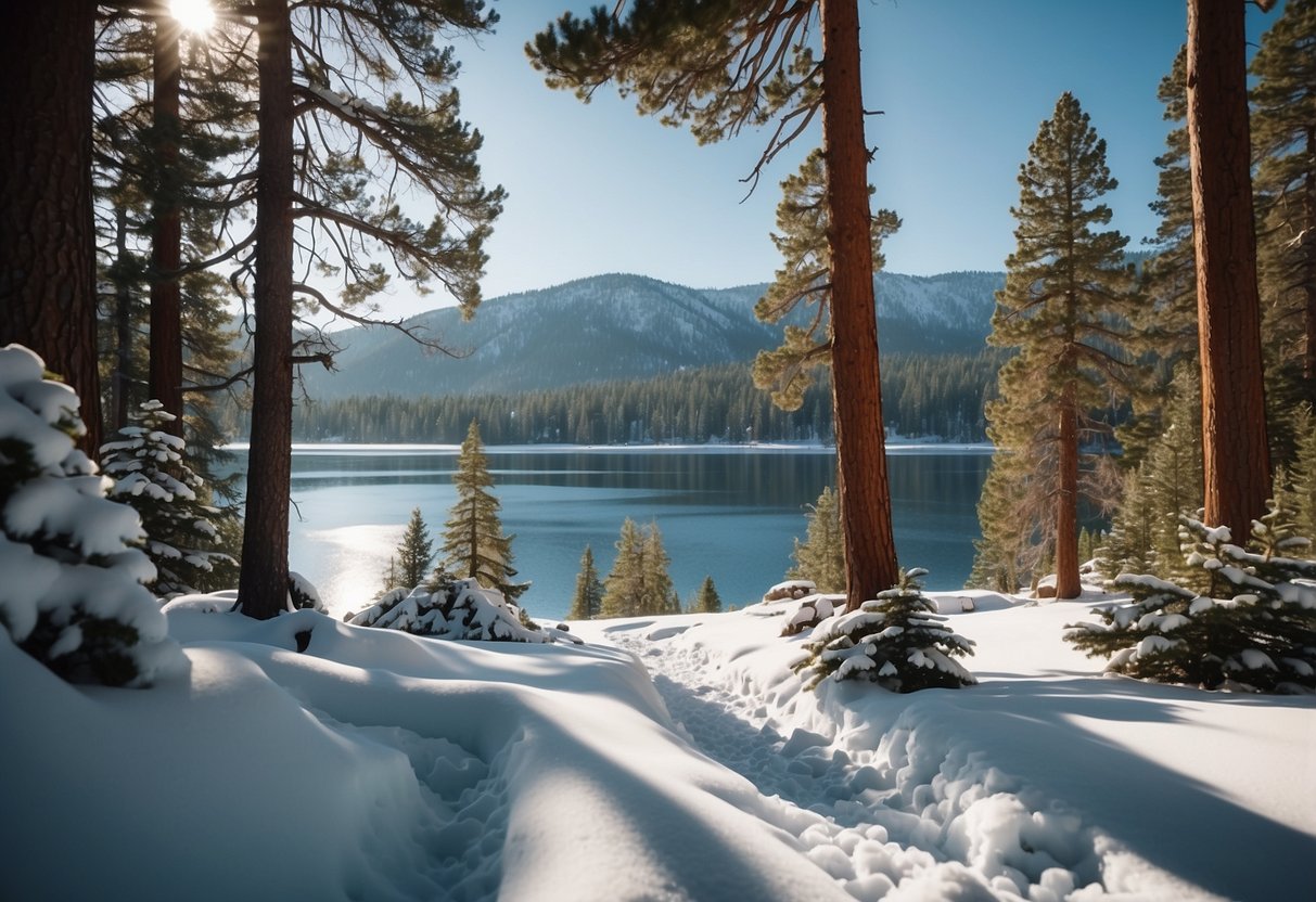 A snowy landscape with pine trees and a frozen lake in Lake Tahoe, California, setting the scene for winter orienteering