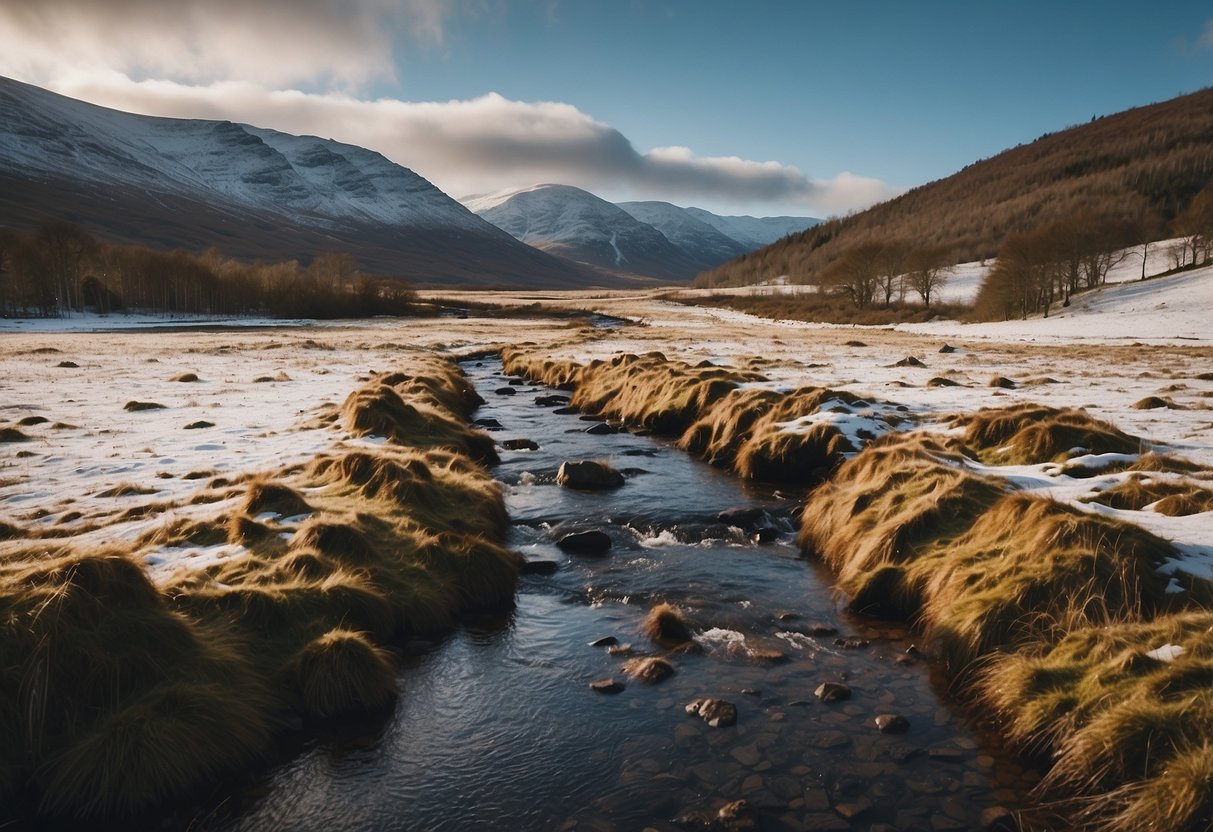 Snow-covered Scottish Highlands with rolling hills and dense forests. A winding river cuts through the landscape, leading to a picturesque loch. Tall mountains loom in the distance, creating a stunning backdrop for winter orienteering