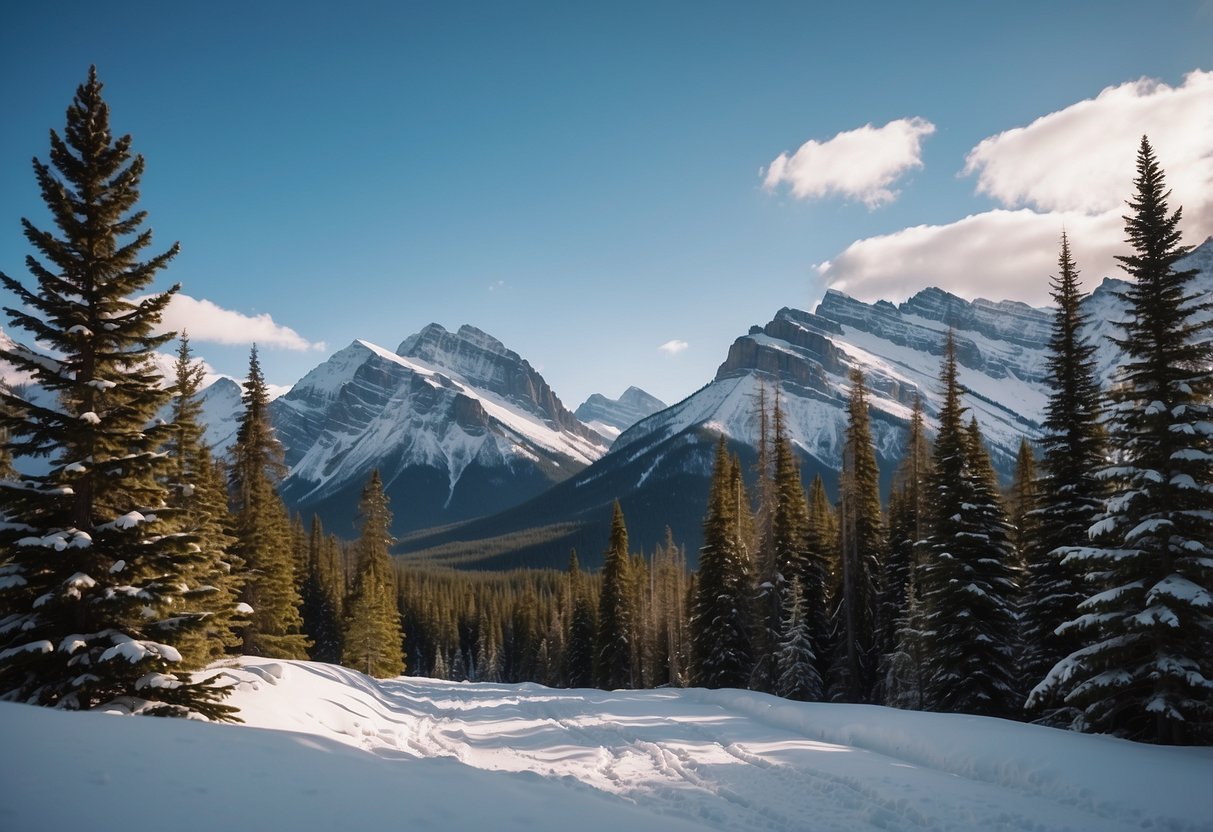 Snow-covered mountains, winding trails, evergreen trees, and a clear blue sky in Banff National Park, Canada