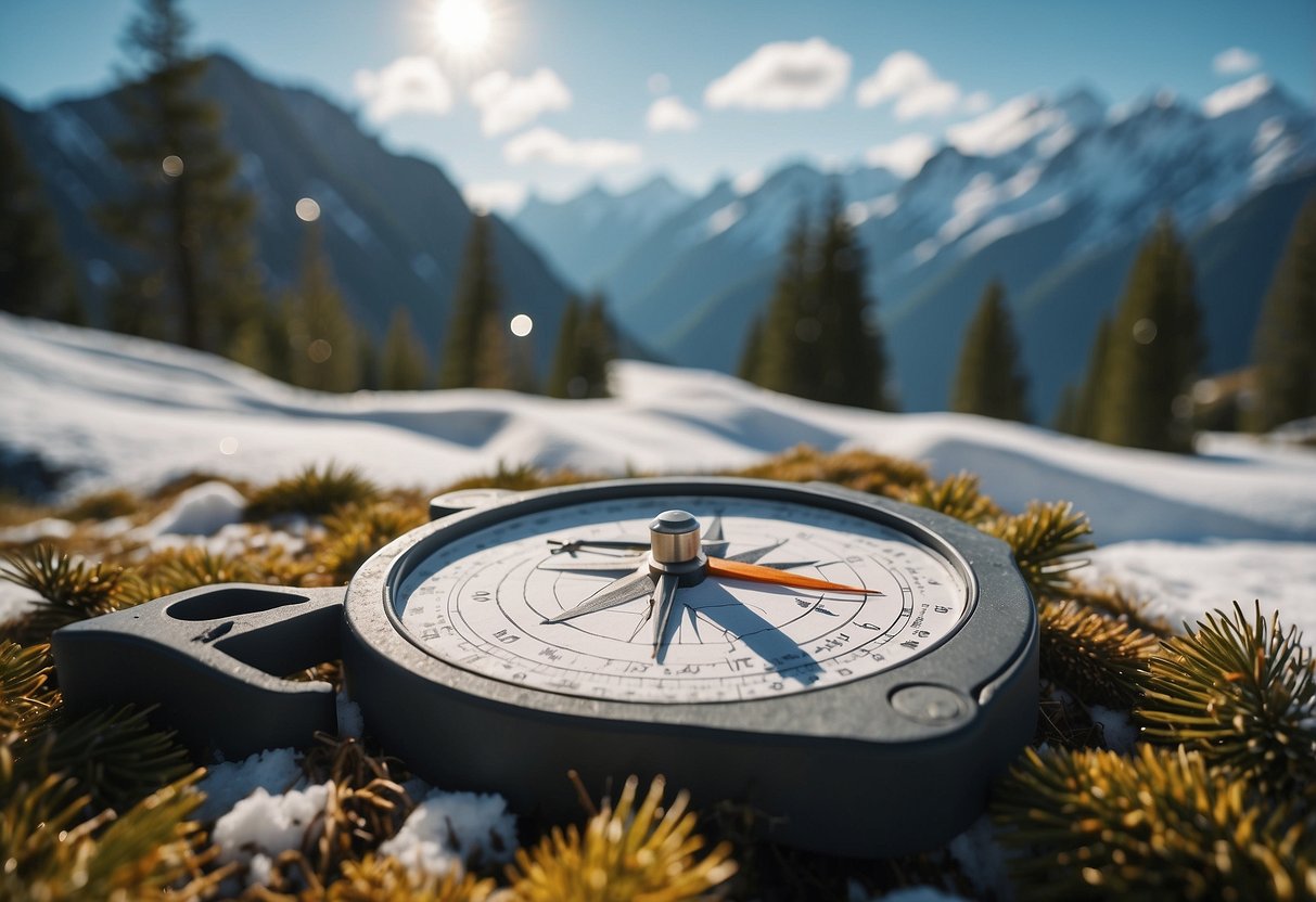 Snow-covered mountains and pine trees surround a winding orienteering course in Chamonix, France. A map and compass sit atop a snowbank, ready for adventure