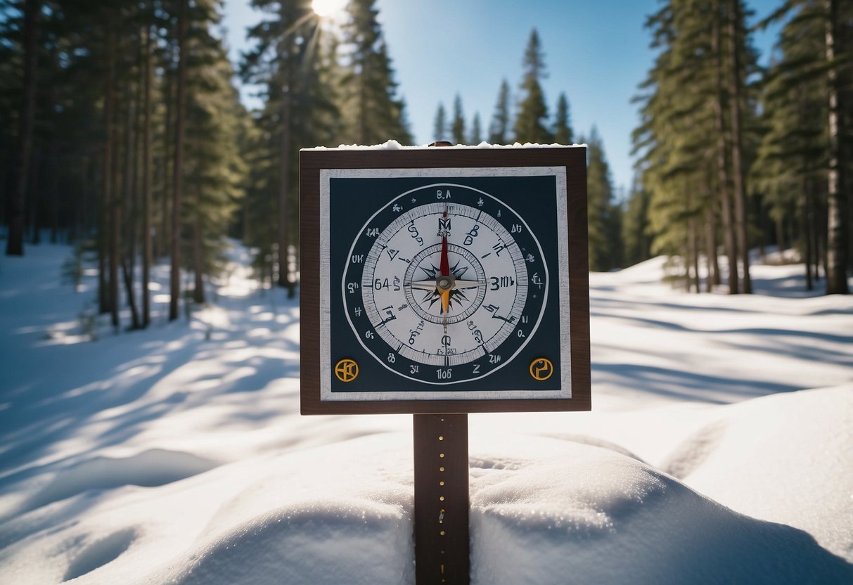 Snow-covered forest with winding trails, evergreen trees, and a clear blue sky. A map and compass lie on the ground, next to a signpost marking the start of the orienteering course