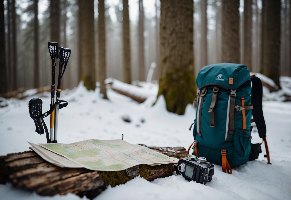 A snowy forest clearing with a map, compass, and backpack laid out on the ground. Snowshoes and trekking poles lean against a nearby tree. A faint trail leads into the trees