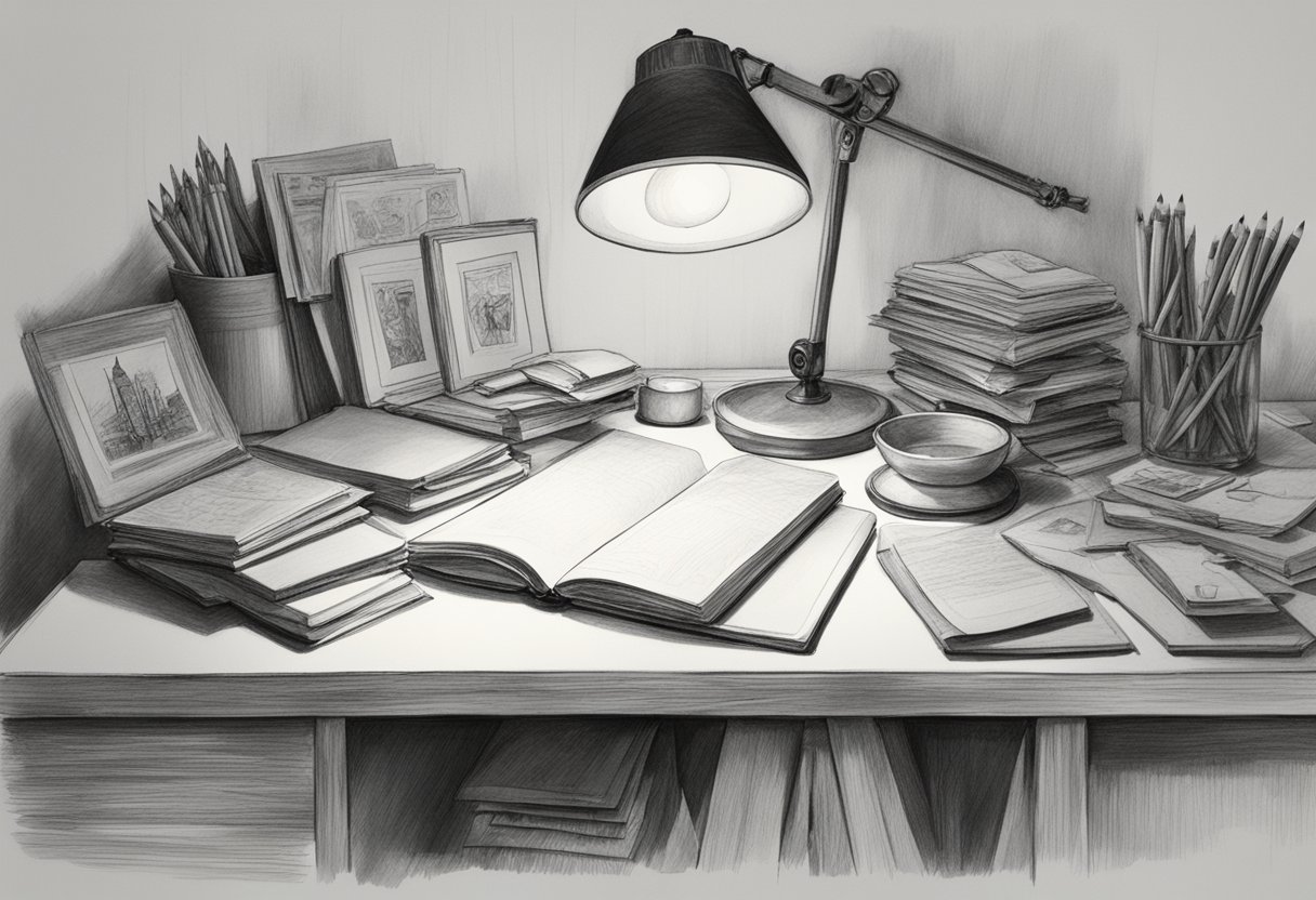 A table cluttered with sketchbooks, pencils, and reference images. A desk lamp illuminates a drawing in progress, surrounded by discarded attempts