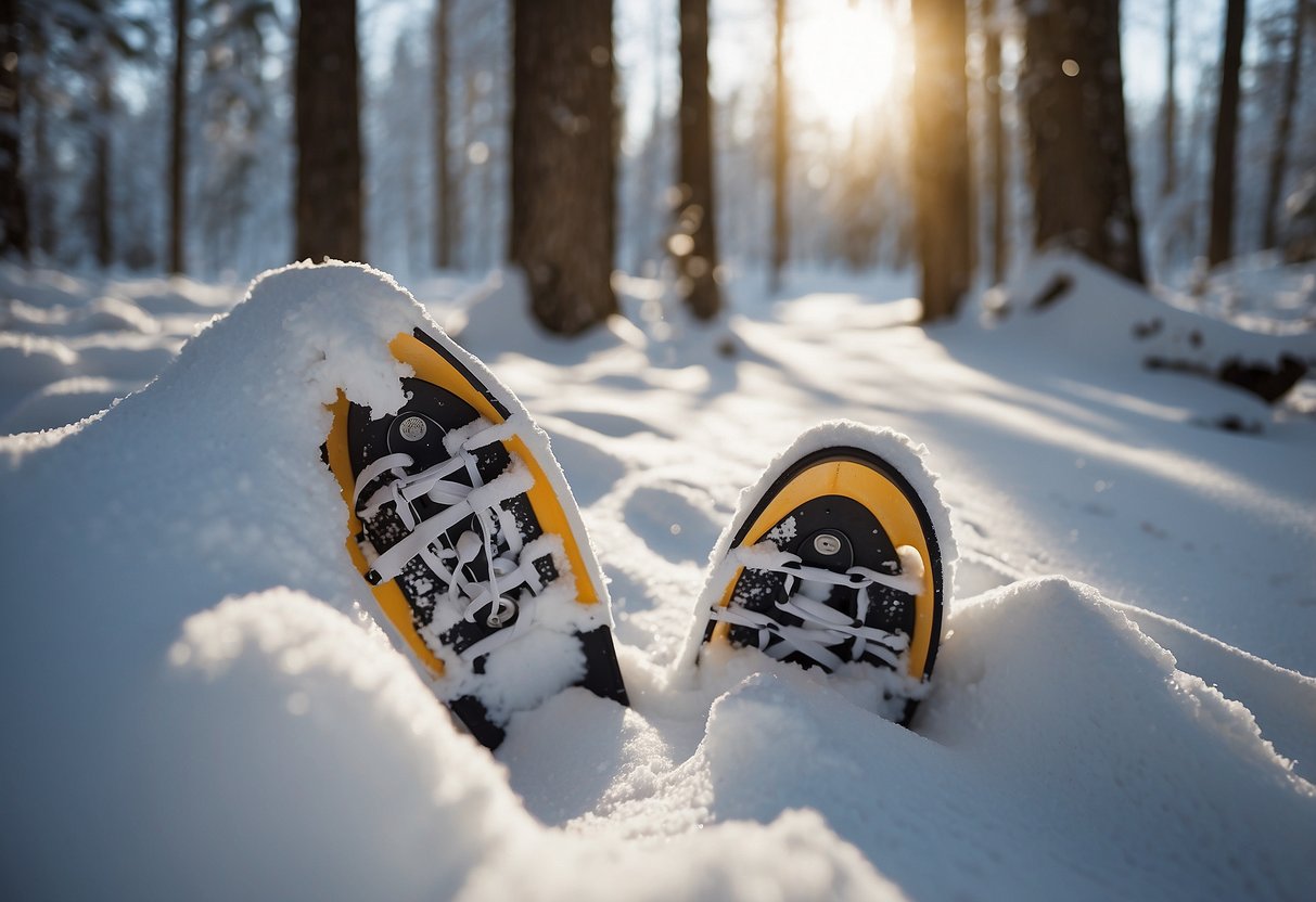 Snowshoes leave imprints in fresh snow, guiding the way through a winter wonderland. Trees are dusted with snow, creating a serene landscape for orienteering