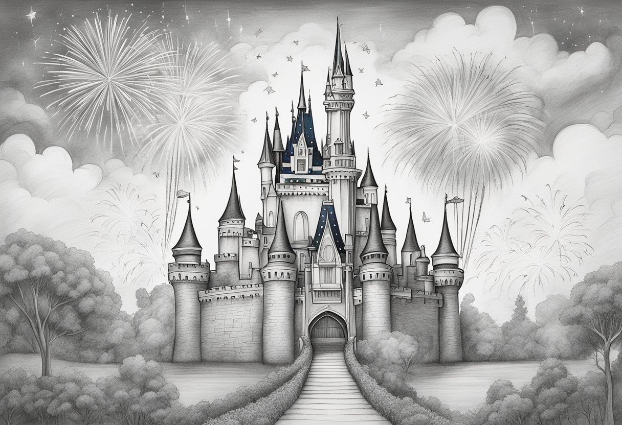 A magical castle with fireworks, surrounded by iconic Disney characters and enchanting landscapes