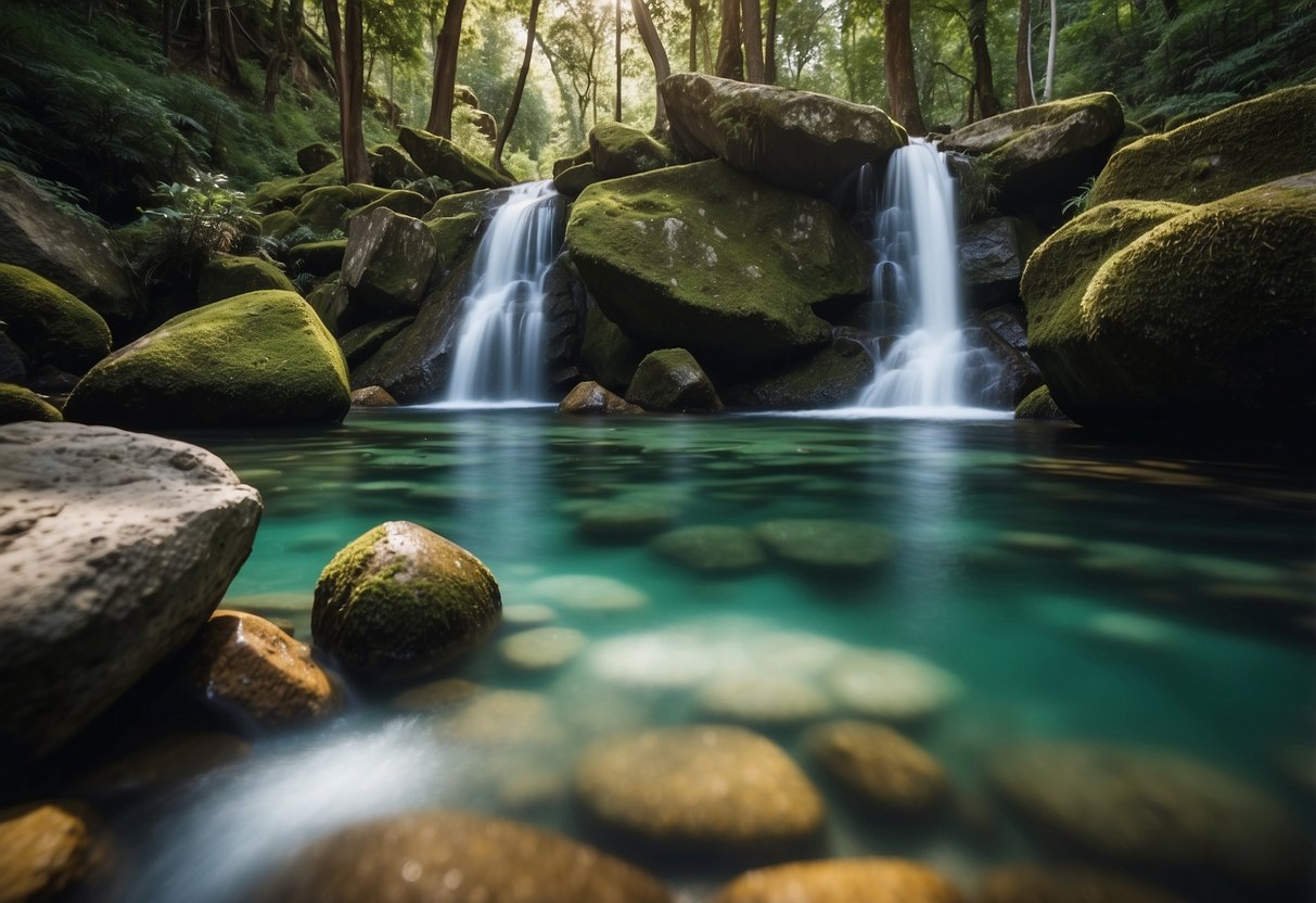 Crystal clear water flowing from rocky springs, surrounded by lush greenery and wildlife. Various sources bubbling up from the earth, creating a serene and refreshing atmosphere