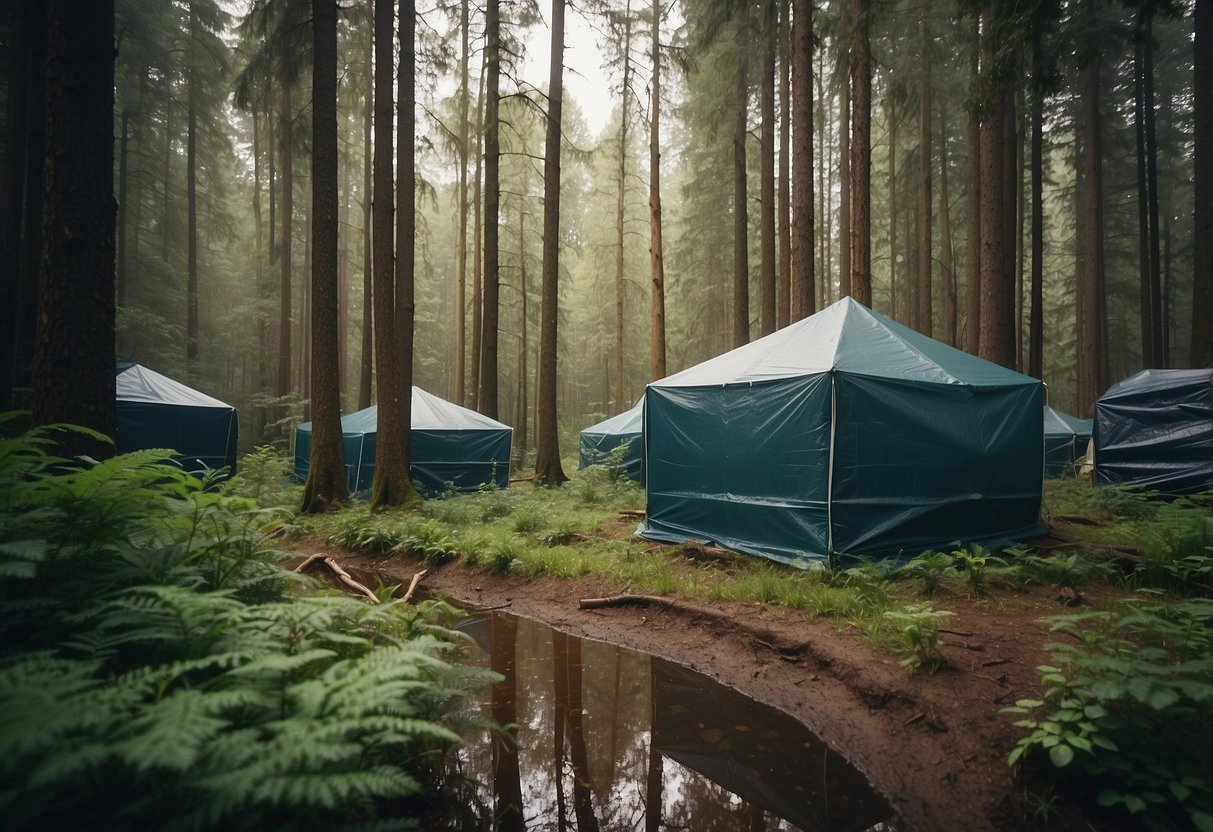 A forest clearing with a variety of rainwater collection systems, including tarps, buckets, and natural reservoirs, surrounded by lush vegetation and a clear sky