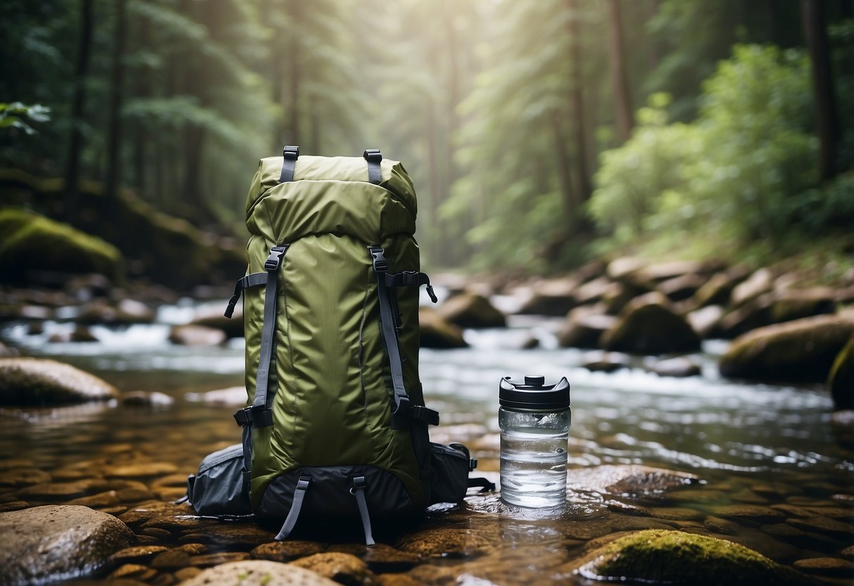 Clear stream, rocky terrain, dense forest backdrop, and a backpack with portable water filters