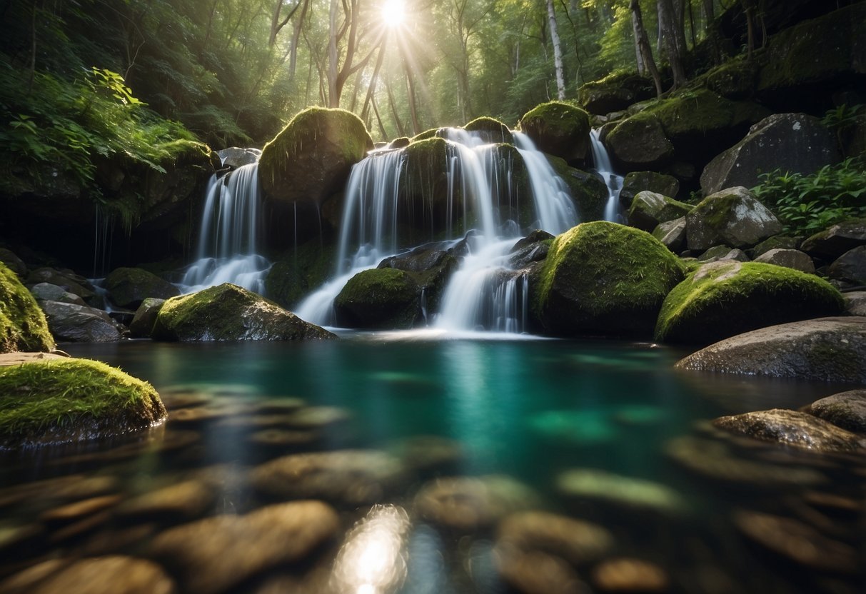 Clear streams flow through lush forests, while mountain springs bubble up from the earth. A pristine lake reflects the surrounding peaks, and a sparkling waterfall cascades into a rocky pool