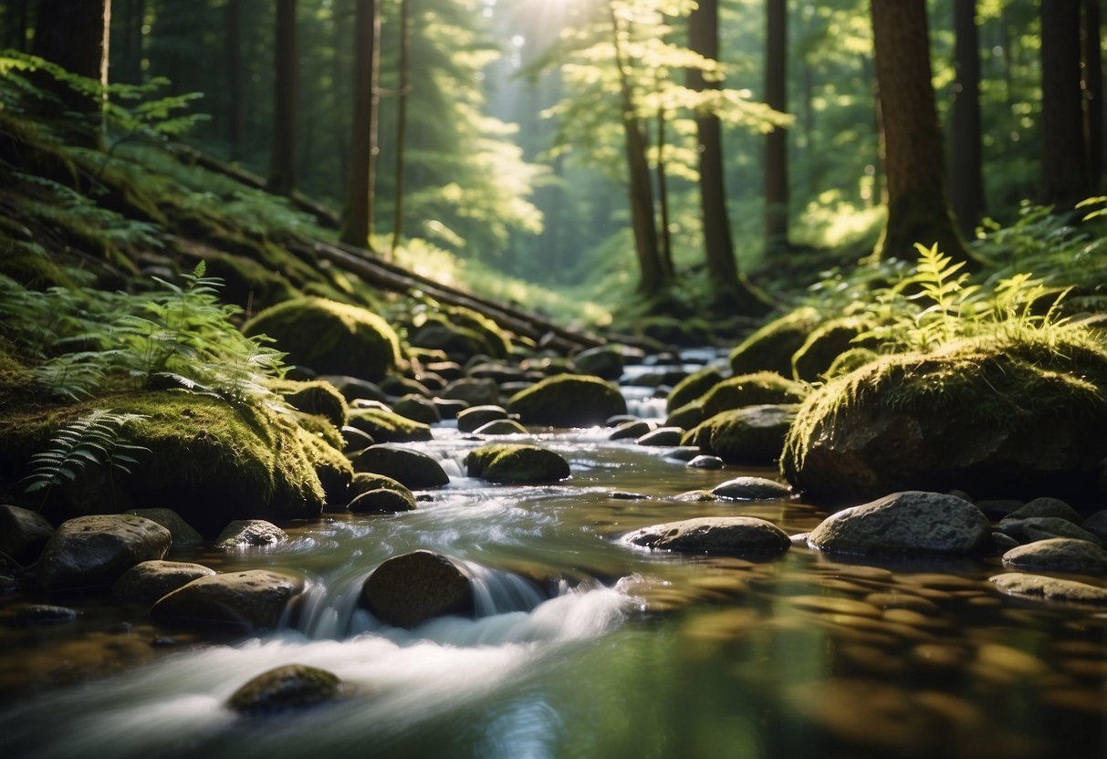 Crystal clear stream flowing through lush forest, reflecting sunlight. Clean water source surrounded by rocks and greenery. Perfect for orienteering trips