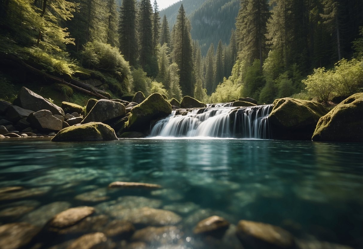 A clear stream flows through a lush forest, while a pristine lake reflects the surrounding mountains. A natural spring gushes from the earth, and a waterfall cascades down rocky cliffs