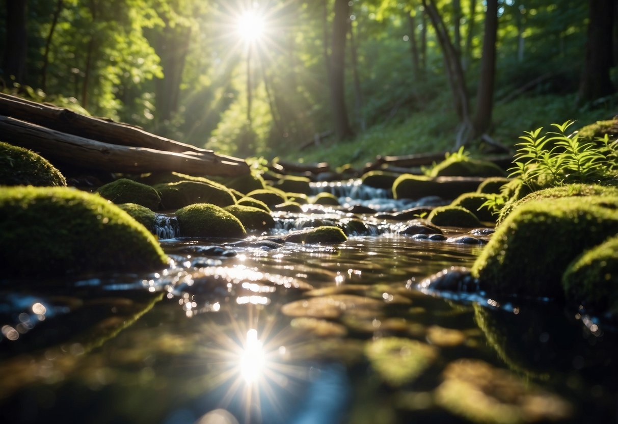 Crystal-clear stream flowing through lush forest, sunlight glistening on the water's surface. Nearby, a hand-dug well and a solar still collecting water