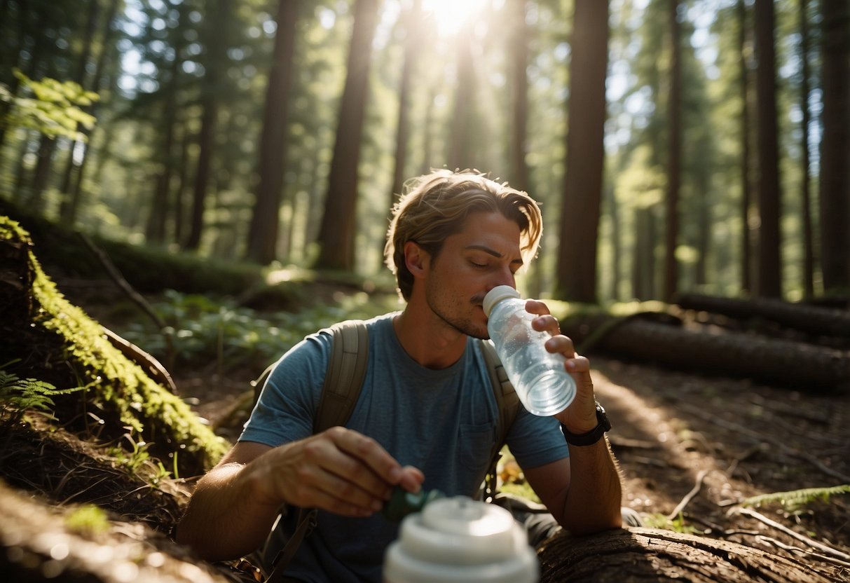 A person drinking from a water bottle in a hot, sunny forest. A compass, map, and sunscreen are scattered nearby. The sun beats down as the person takes a break to rehydrate