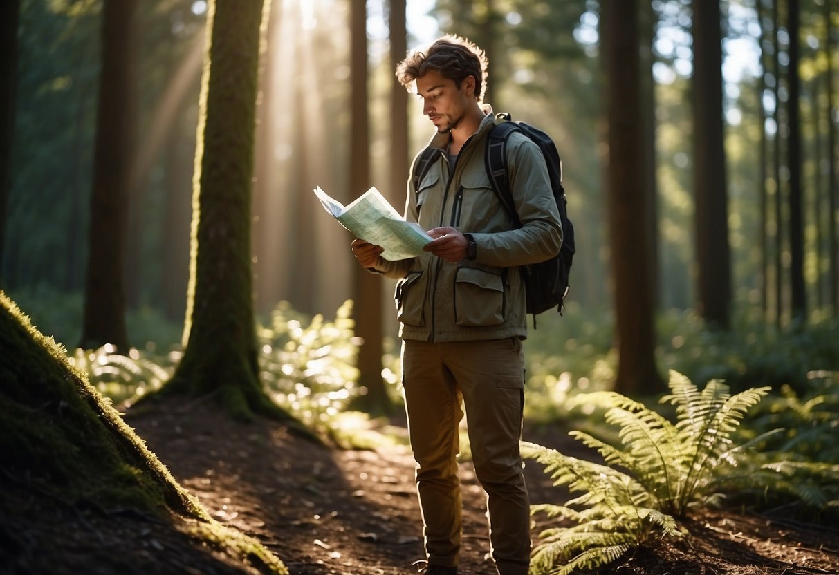 A person wearing lightweight, breathable clothing stands in a sunlit forest, holding a map and compass. The sun beats down, casting dappled shadows on the ground