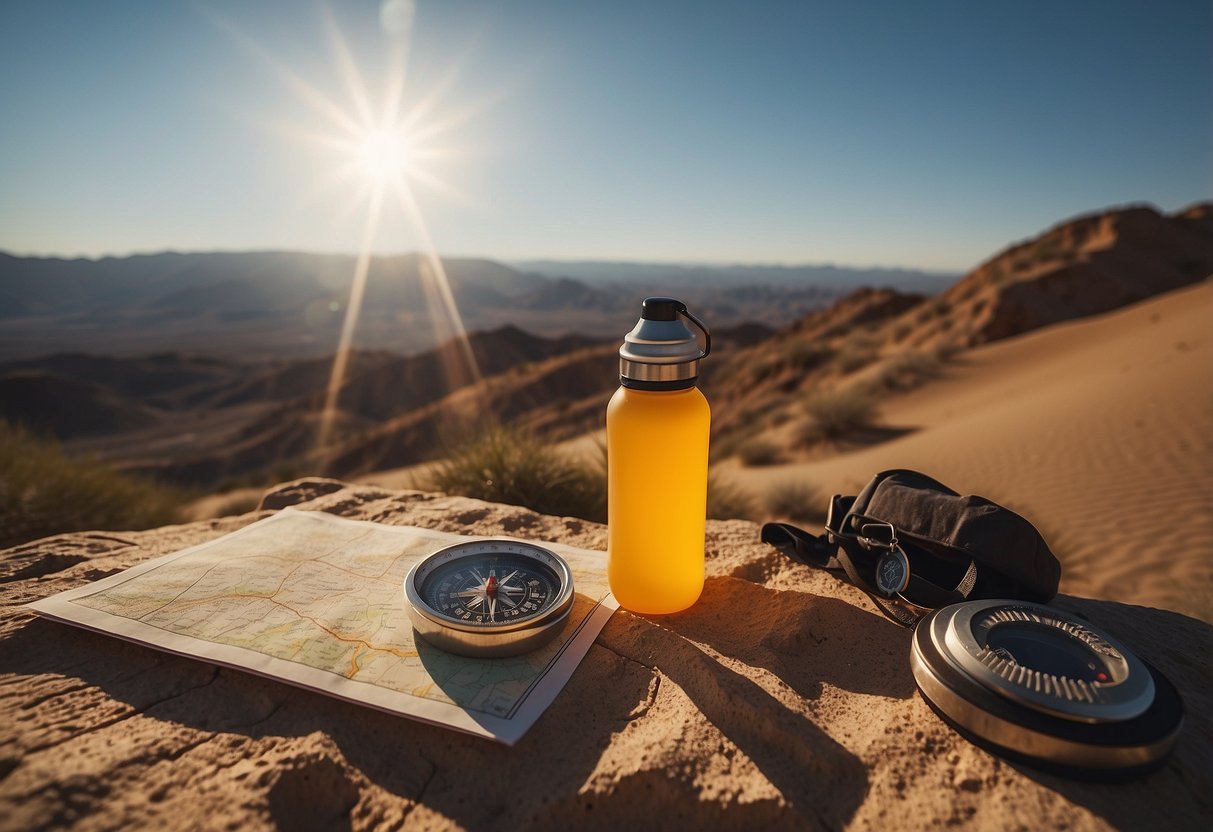 A desert landscape with a bright sun overhead, a compass and map in hand, a water bottle, and sunscreen on a table
