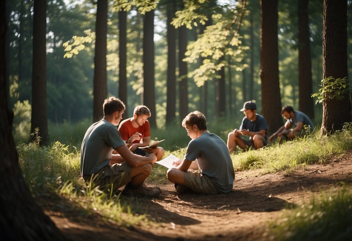 A group of orienteers rest in the shade of tall trees, sipping water and checking their maps. The sun beats down on the open field around them, but they find relief in the cool shadows