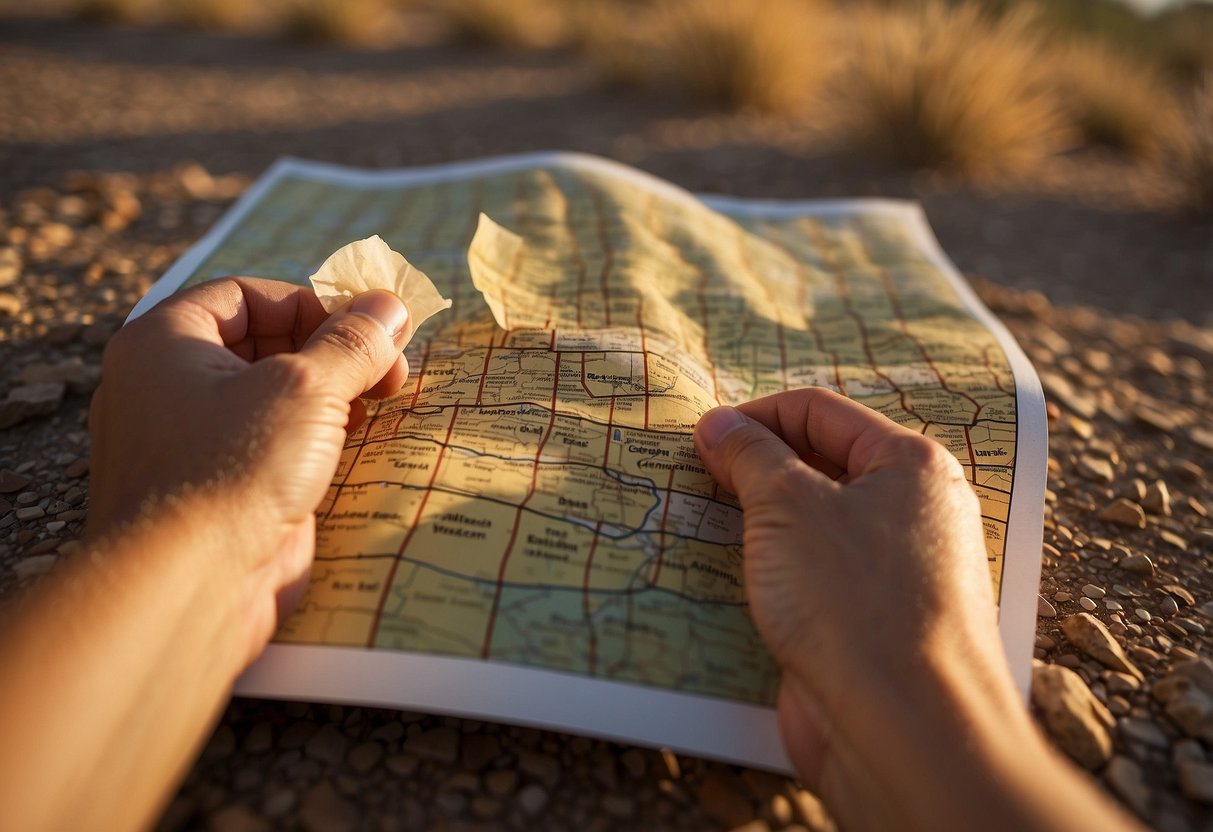 A figure sets out early, sun low on the horizon, to avoid the peak heat. Map in hand, they navigate through the hot, arid landscape, following the tips for orienteering in hot weather