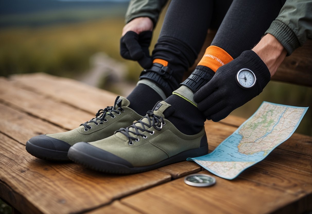 A pair of orienteering socks laid out neatly on a wooden surface, with a compass and map in the background