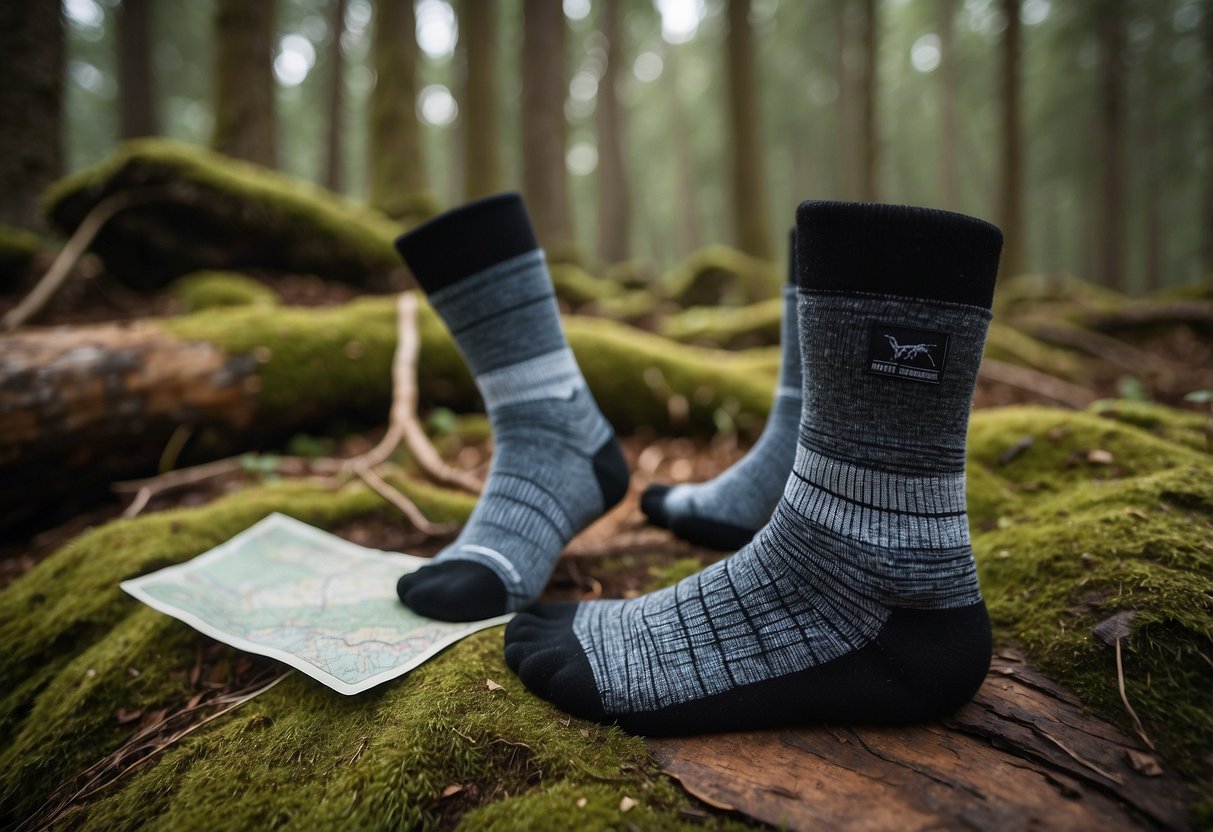 A pair of Darn Tough Vertex Ultra-Light Cushion socks laying on a forest floor, surrounded by orienteering equipment and a map