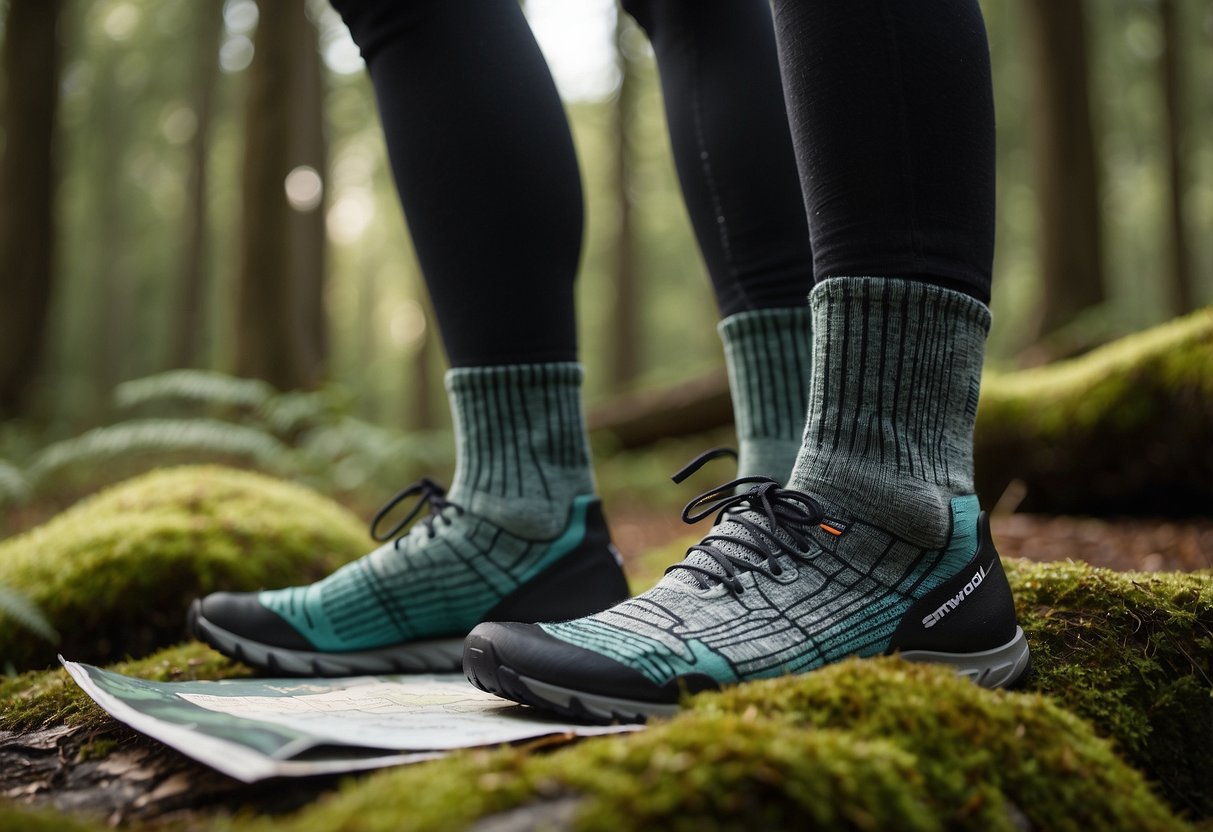 A pair of Smartwool PhD Outdoor Light Crew socks on a forest floor, surrounded by orienteering equipment and a map