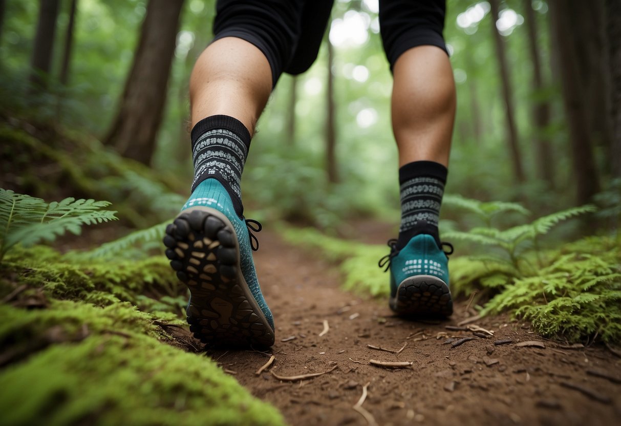 A winding forest trail with rocky terrain, featuring a hiker's feet in Injinji Trail Midweight Mini-Crew socks, surrounded by trees and foliage