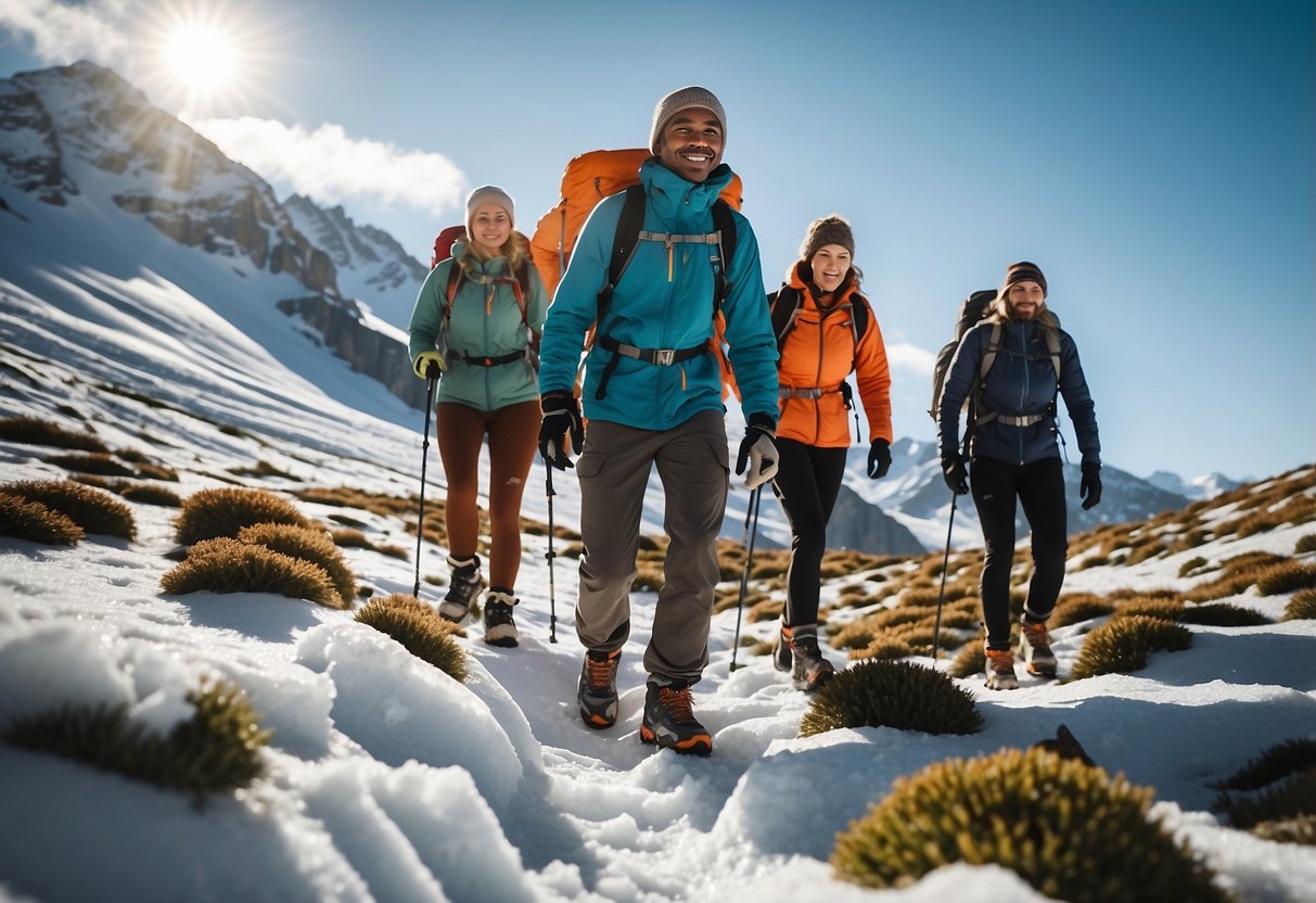 A group of hikers trek through snowy terrain wearing Icebreaker Hike+ Light Crew socks, using compasses and maps for orienteering