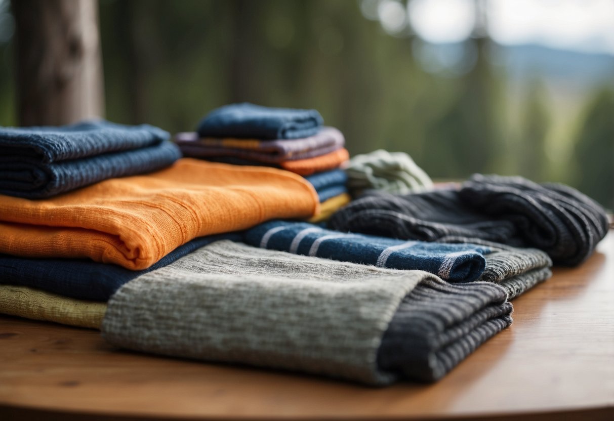 A table with various fabrics and materials for orienteering socks, including wool, nylon, and moisture-wicking blends. A pair of socks is being tested for durability on a rough surface