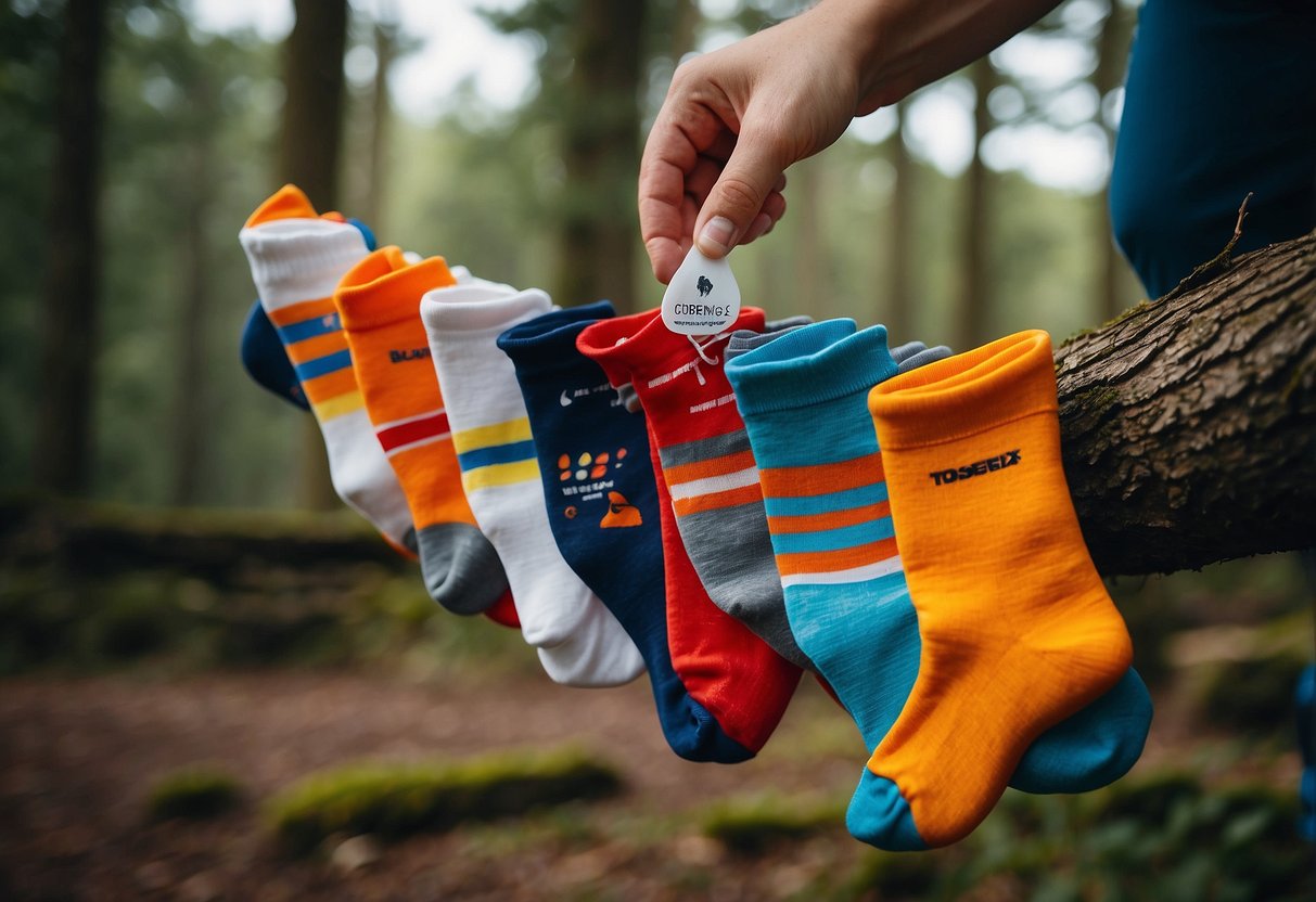 A hand reaches for a selection of orienteering socks, displaying various styles and materials. A sign above reads "Choosing the Right Fit for Orienteering Socks - 5 Best Orienteering Socks."