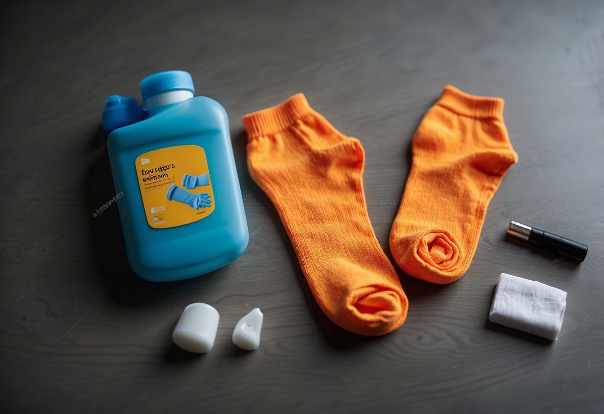 A pair of orienteering socks laid out on a clean surface, with a bottle of gentle detergent and a soft brush nearby for cleaning