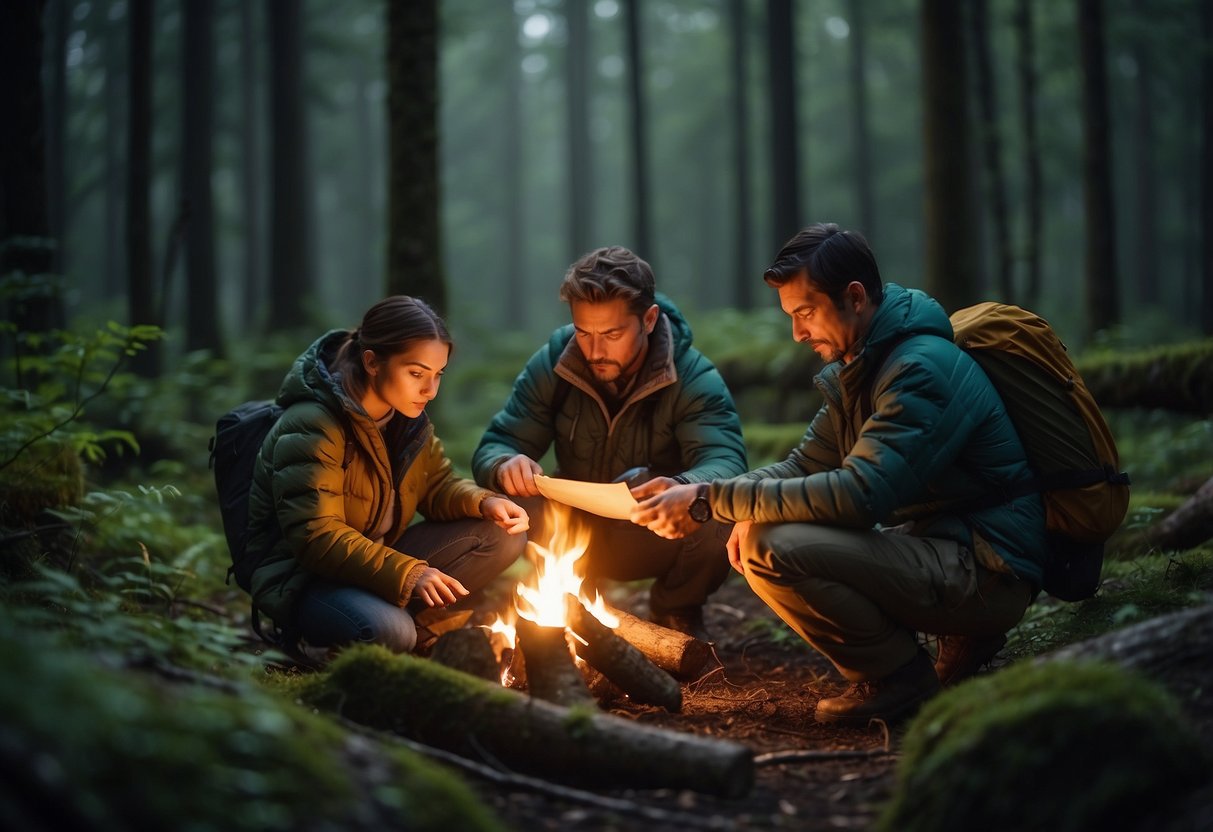 Orienteers setting up tents in lush forests, with maps and compasses scattered around. Campfires flicker as night falls, creating a cozy atmosphere