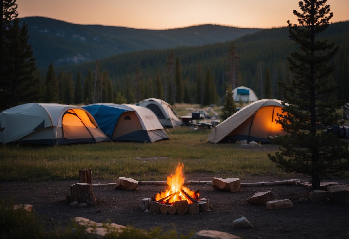 The sun sets over a sprawling campground in Yellowstone National Park, with tents and campfires nestled among towering pine trees and rugged terrain